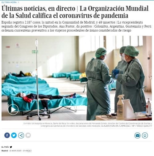 Noticia de El Pais sobre Coronavirus