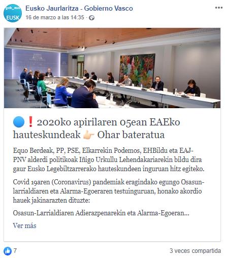 Segunda imagen de oublicacion de gobierno vasco en facebook