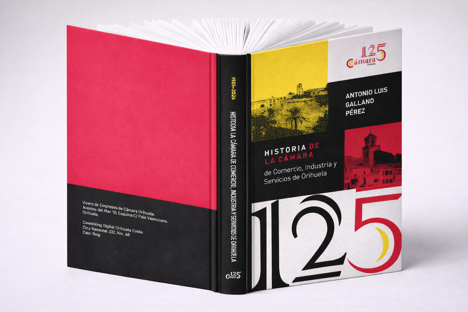 Dise&ntilde;o de portada y contraportada del libro de historia de la C&aacute;mara de Comercio de Orihuela